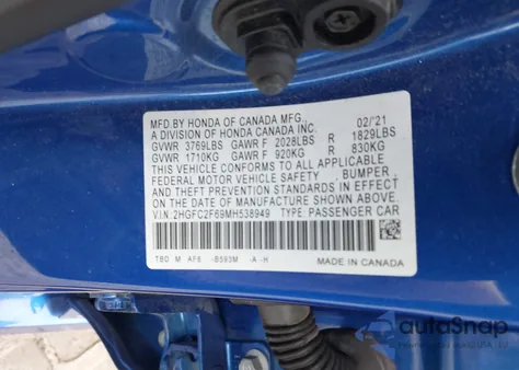 2021 Honda Civic Lx из США, поврежденный, VIN 2HGFC2F69MH538949